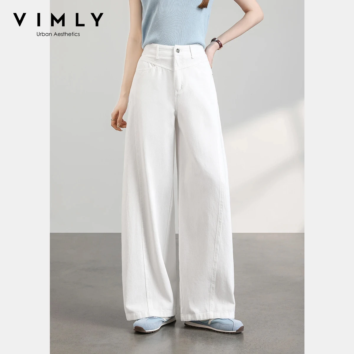 

VIMLY Women's White Casual Pants 2026 Spring New Versatile Pure Cotton Diagonal Line Design Loose Fit Straight Trousers 30772