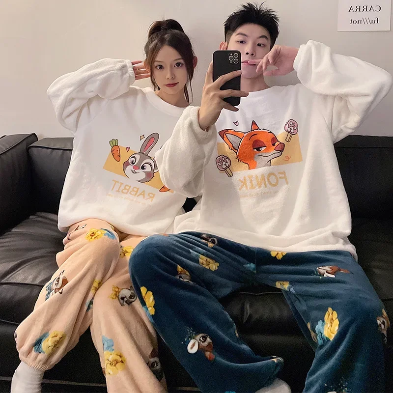 Cartoon Disney couple pajamas winter coral fleece long-sleeved trousers two-piece set loungewear women\'s pajamas loungewear