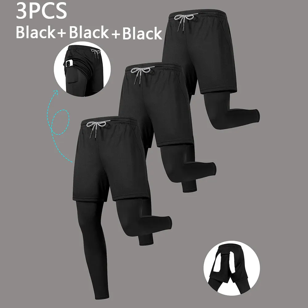 

3-Piece Men's Double-Layer Sports Pants Multi-Pocket Drawstring Fitness Sportwear Running Basketball Gym Shorts with Towel Loop