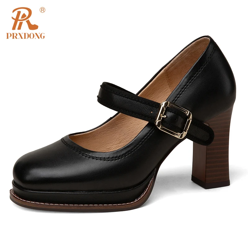 PRXDONG Women\'s Shoes Genuine Leather Spring Autumn Retro Mary Janes Chunky High Heels Platform Black Beige Dress Party Pumps 39