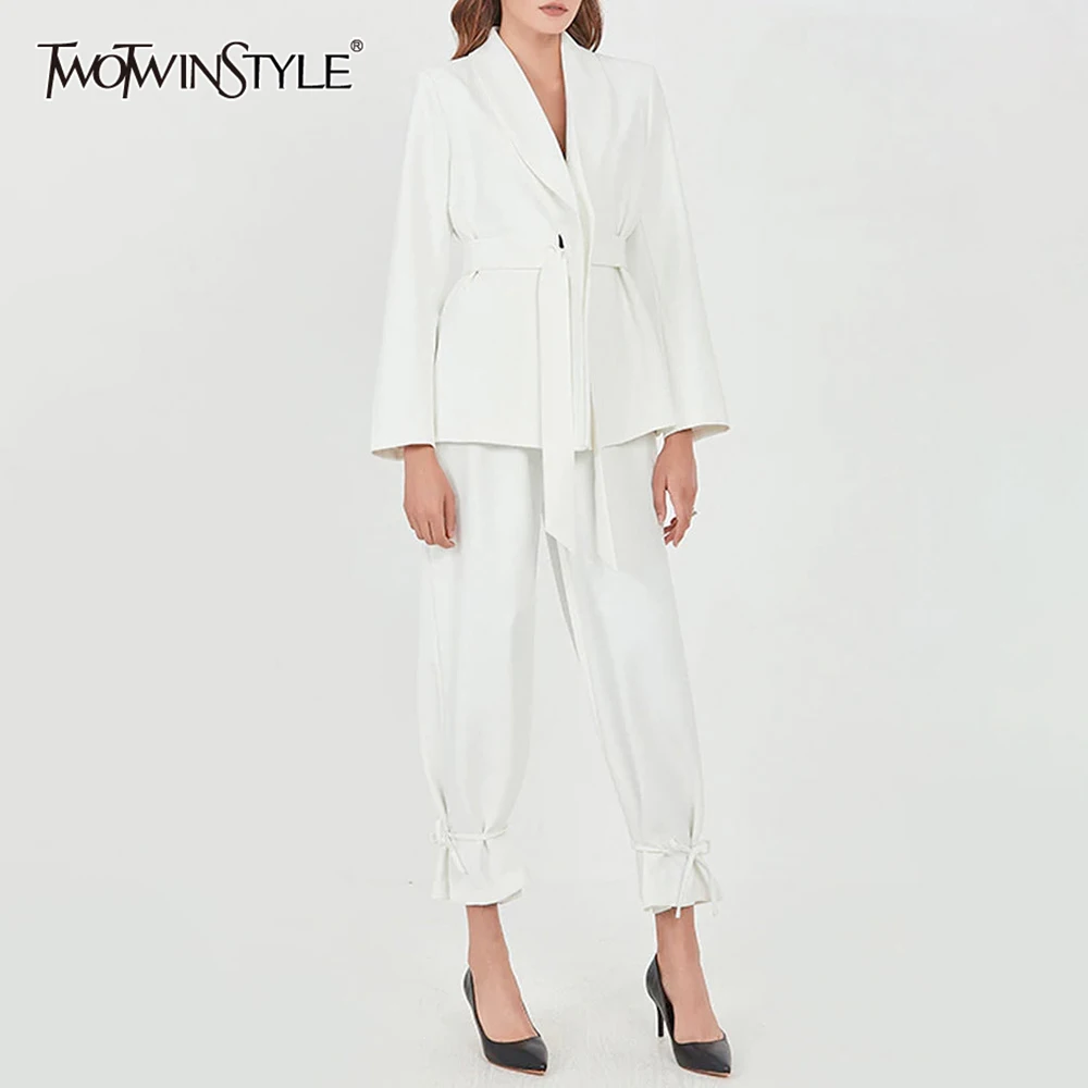 TWOTWINSTYLE Solid Temperament Two Piece Set For Women High Waist Spliced Belt Blazer Straight Pants Slim Sets Female Fashion