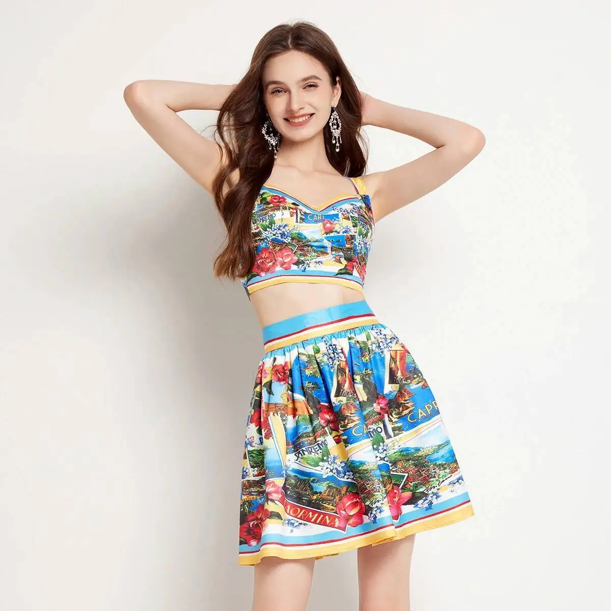 

Runway Summer Flower Two Piece Set Women Chest Pads Sexy Crop Tops Mini Short Skirt Suits Holiday Beach Matching Sets Outfits