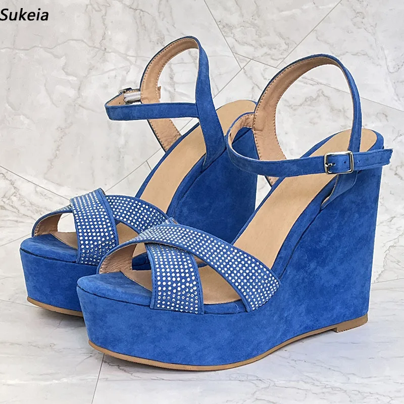 Sukeia Handmade Women Platform Sandals Rhinestone Wedges Heels Round Toe Beautiful Sky Blue Party Shoes Ladies US Plus Size 5-20