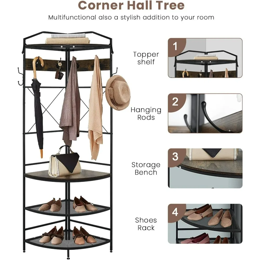 4-Tier Corner Coat Rack with Shoe Storage Entryway, Farmhouse Corner Hall Tree with Bench and 6 Metal Hooks