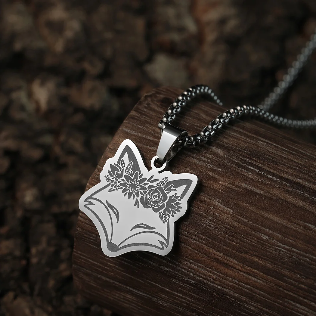 Women\'s Necklace Exquisite Fox Filigree Flower Stainless Steel Animal Pendant Chains Choker Necklace for Men Punk Jewelry