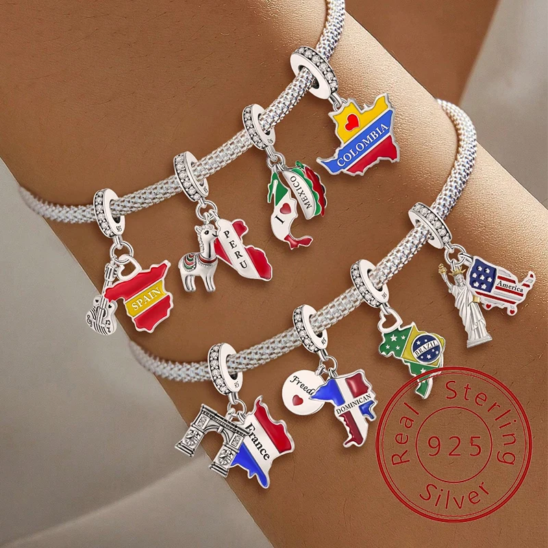 

925 Sterling Silver Football National Plane Pendant Charm Ball Suitable for Bracelets DIY For Women's High Quality Jewelry