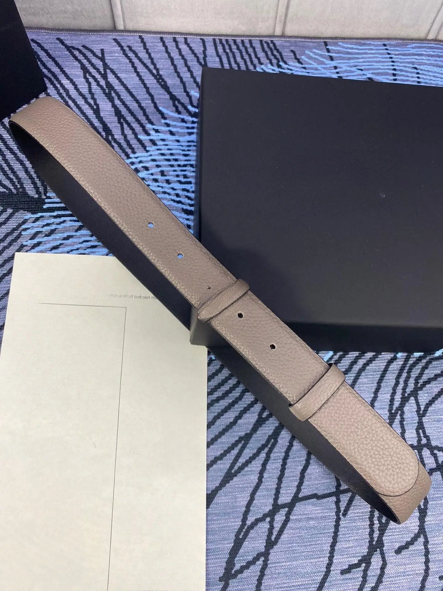 Grey Pebbled Cowhide Belt Strap, Black Reverse Side, No Buckle, Pre-punched Adjustment Holes, Edge Stitching