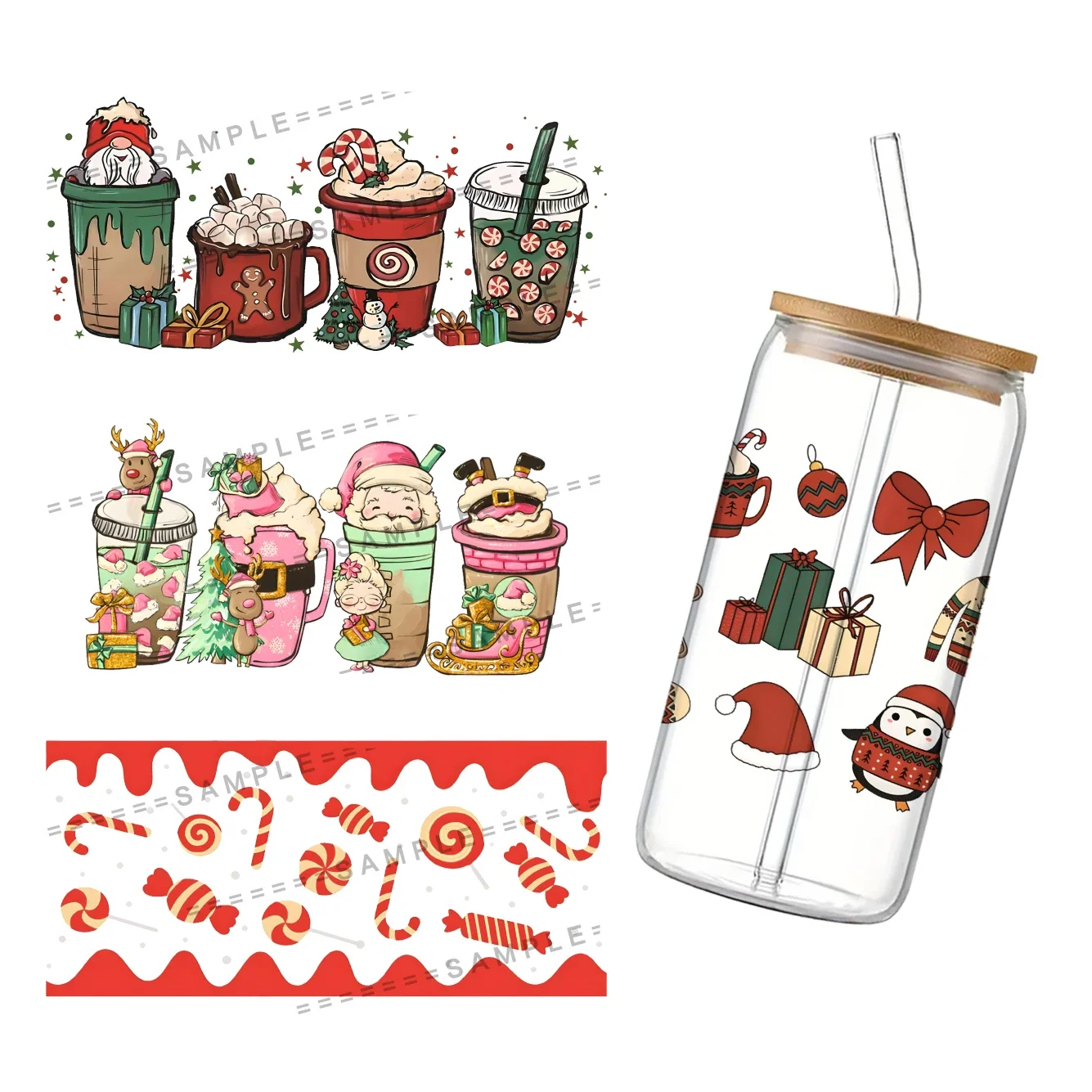 Christmas Theme Elements For Libbey 16oz Can Glass UV DTF Coffee Can Wrap Libbey Glass Wrap