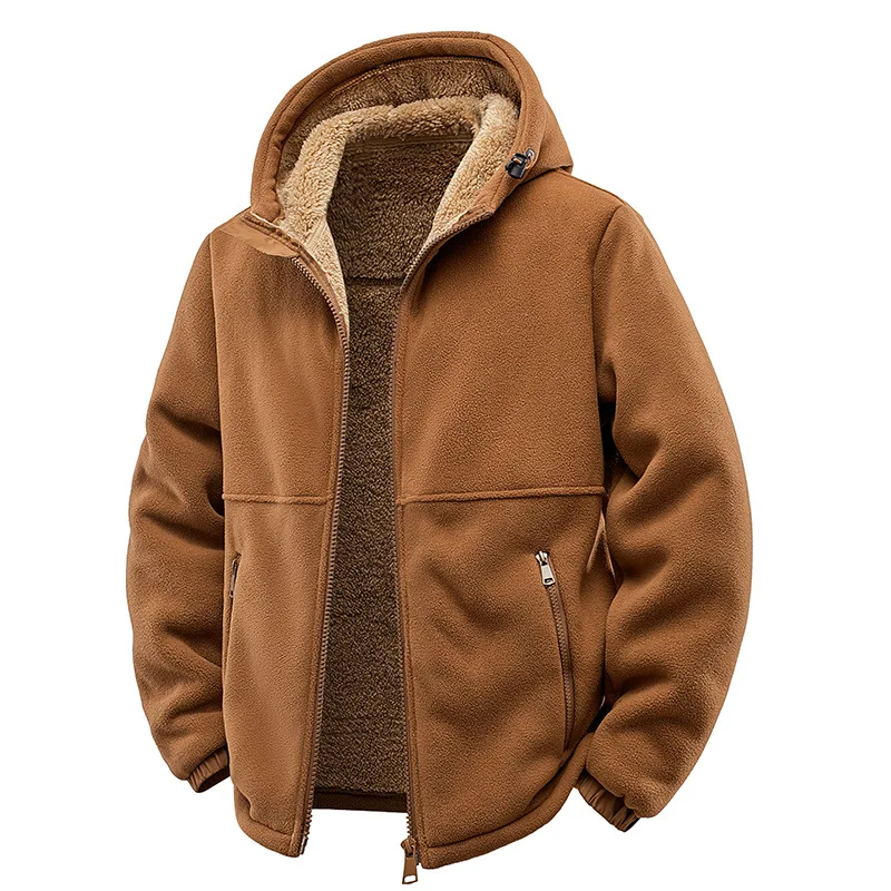 2025 Man Plush Jacket Autumn Winter Simple Solid Color  Zipper Male Hooded Coat Long Sleeve Loose Outdoor Sport Men Outerwear