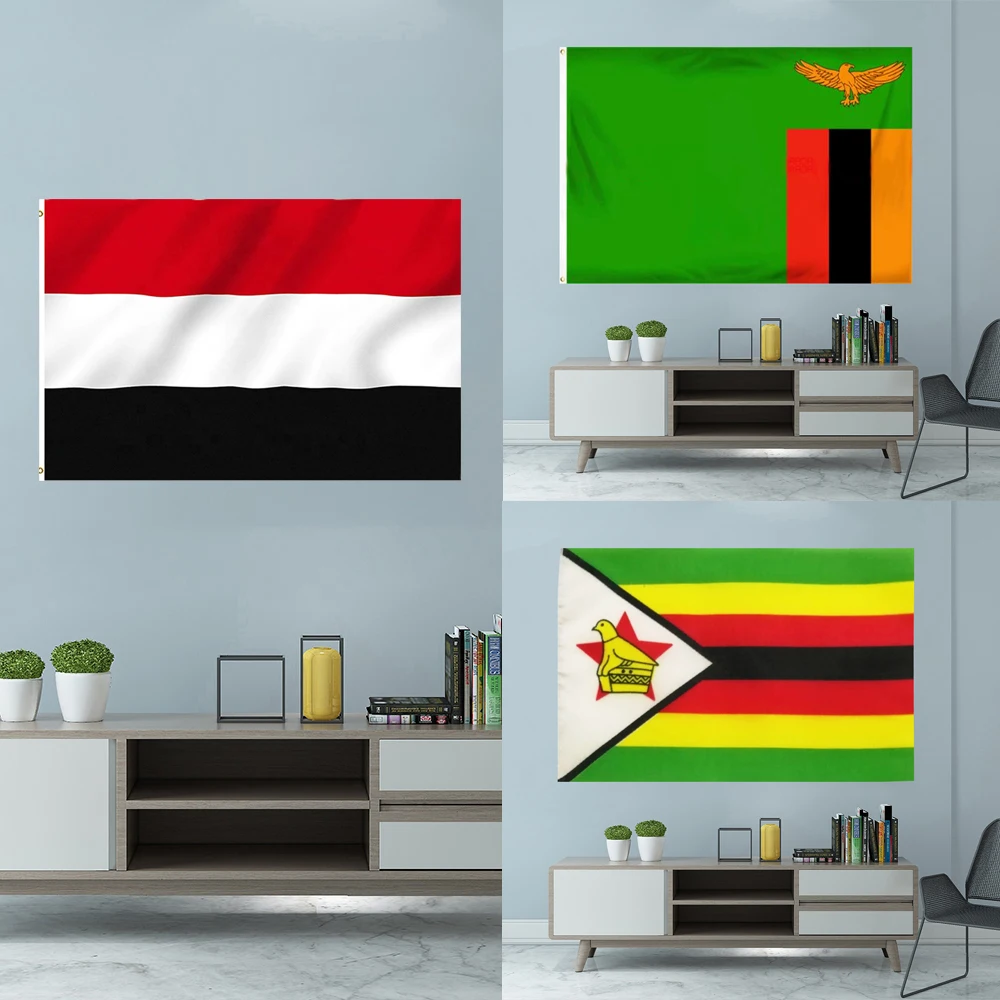 National Flag Yemen Zambia Lusaka Africa Zimbabwe Graphic Custom Printed Polyester Shaft Cover Grommets Banner 3X5FT 90X150CM