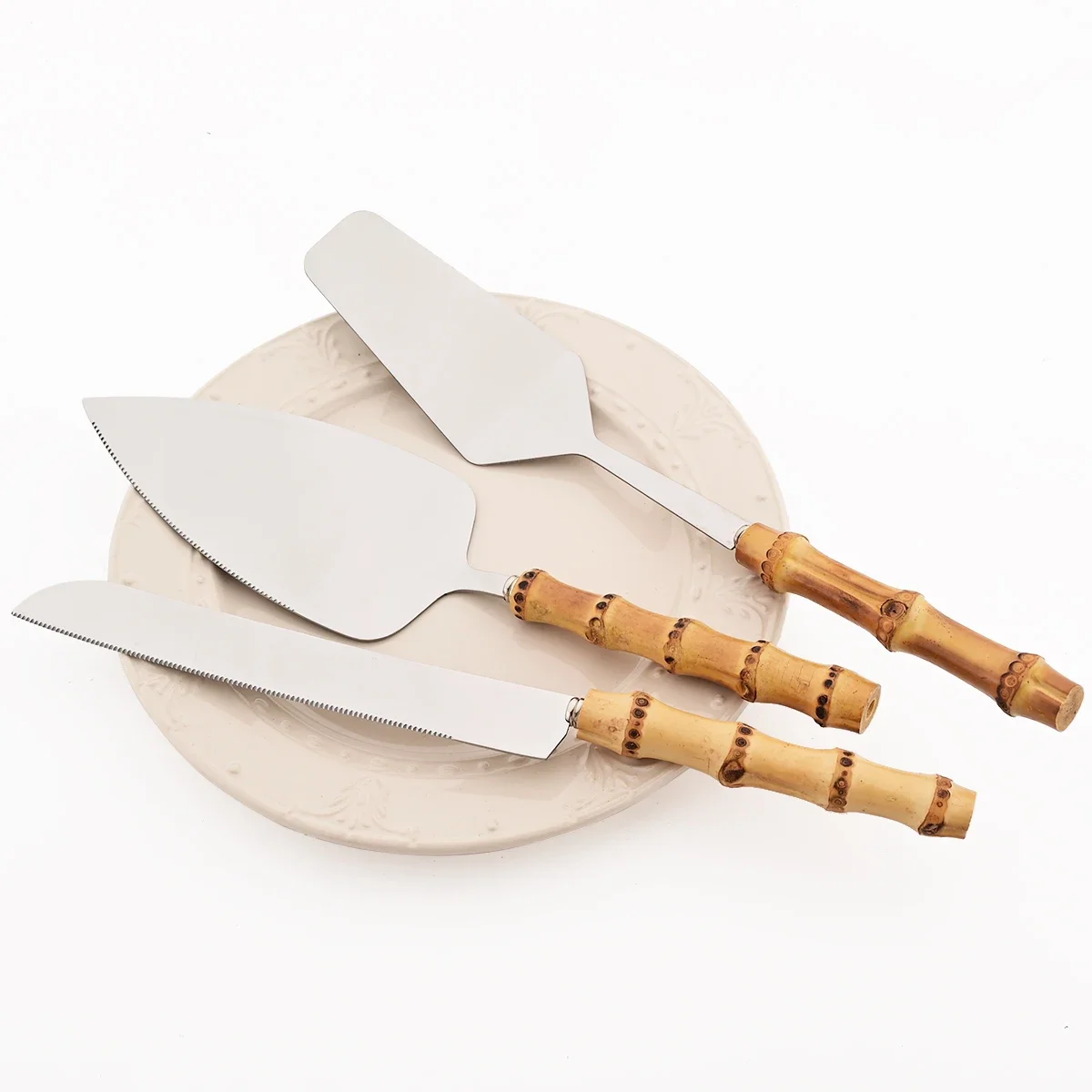 1/2 قطعة كعكة سكين مجرفة خدمة مجموعة أدوات المائدة مقبض الخيزران أواني الطعام مجموعة مرآة أدوات مائدة من الفولاذ المقاوم للصدأ أدوات المائدة المطبخ