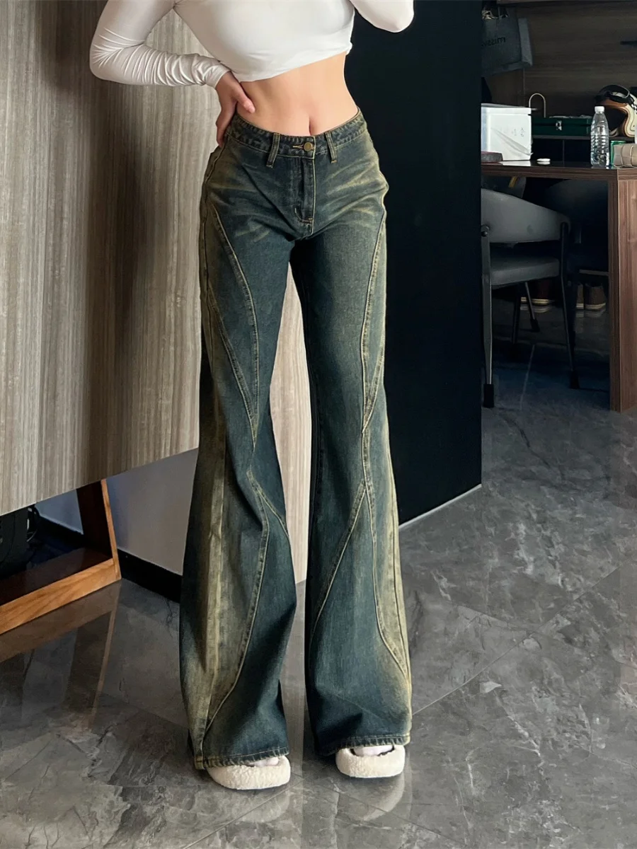 

Early Autumn 2024 Extended Straight Nostalgic Denim Pants Women Blue Spliced Washed Floor Mopping Micro Flared Long Pants Q7HE