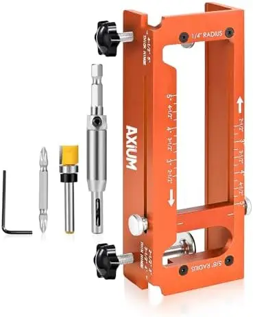 

AXIUM Adjustable Door Hinge Jig – 2.5" to 5" Mortise Fit, 1/4" & 5/8" Radius, Aluminum Alloy Router Template