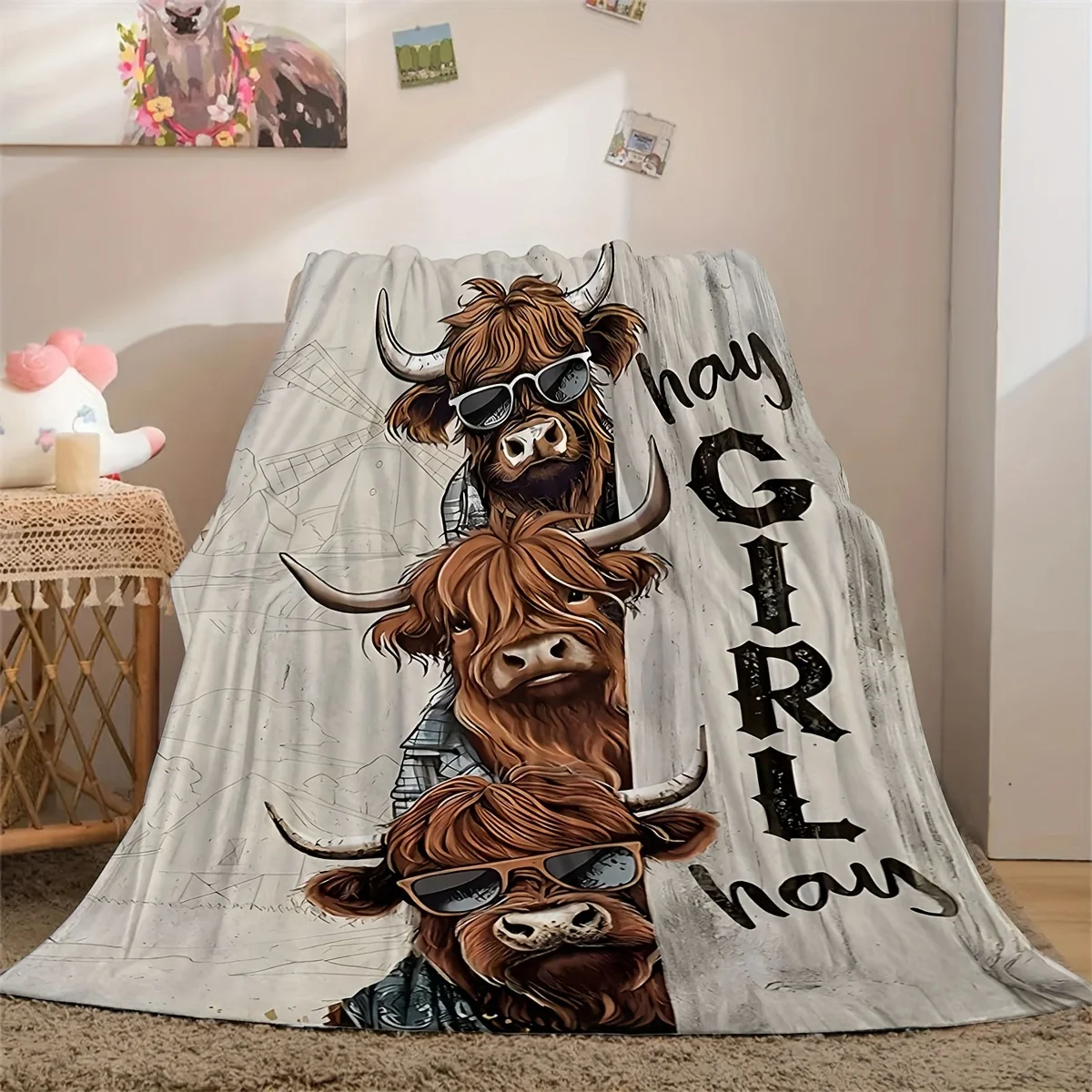 المرتفعات البقرة الفانيلا رمي بطانية ، لينة الدافئة البقرة طباعة بطانية ل أريكة السرير ، مزرعة الحيوان ديكور مكتب التخييم السفر هدية مريحة