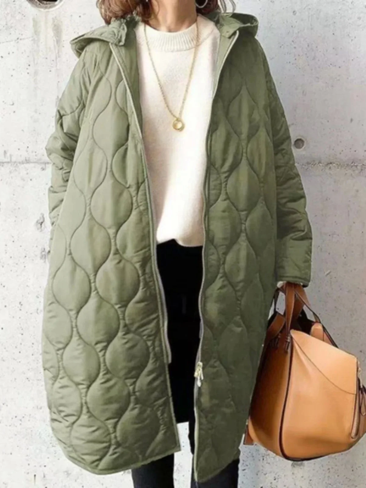Casual Diamond Pattern Hooded Thick Coat Street Style Loose Fit Long Sleeve Zipper Closure Mid-Length Women's Jacket