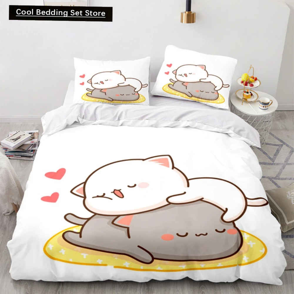 

Lovely Peach Cat Bedding Set Cartoon Comforter Sets Double Queen King Twin Full Size Duvet Cover Set Kids Girls White Bed Linen