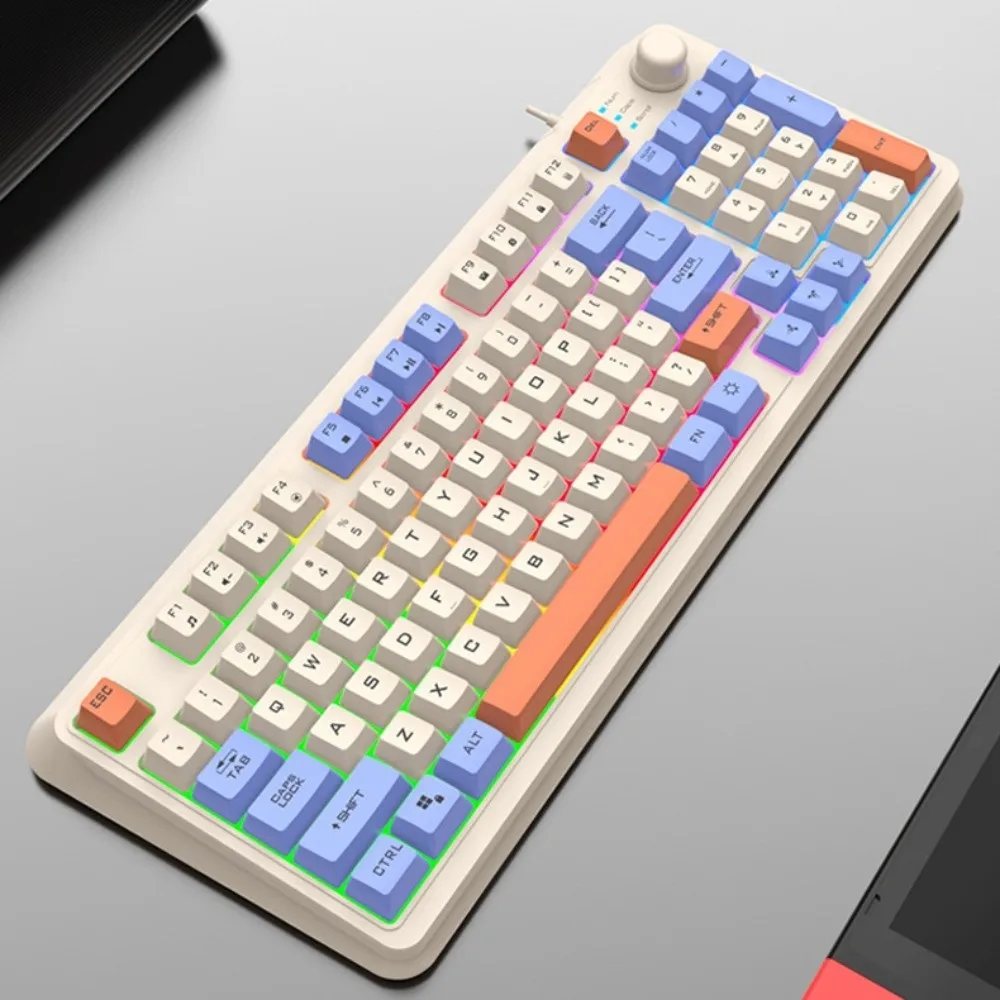 Mechanical Feel Wired RGB Light Keyboard Adjustable Volume Mixed Color Design 94 Key RGB Keyboard Luminous Independent Knob