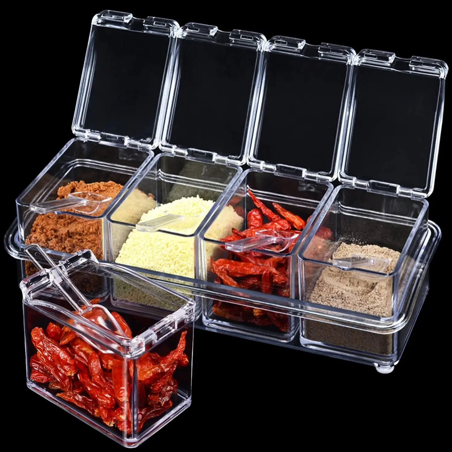 

4 PCS Kitchen Multi Spice Box Clear Acrylic Seasoning Containers With Lids Spoons