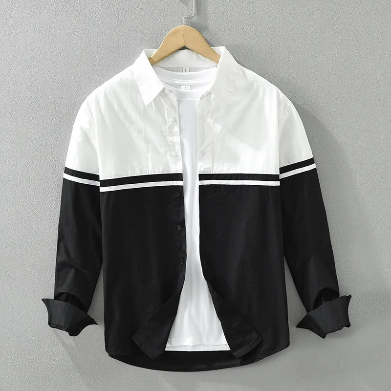 

Korean Fashion Mens Long Sleeve Shirts Streetwear Black White Patchwork Shirt Pure Cotton Top Spring Summer Casual Men Clothing