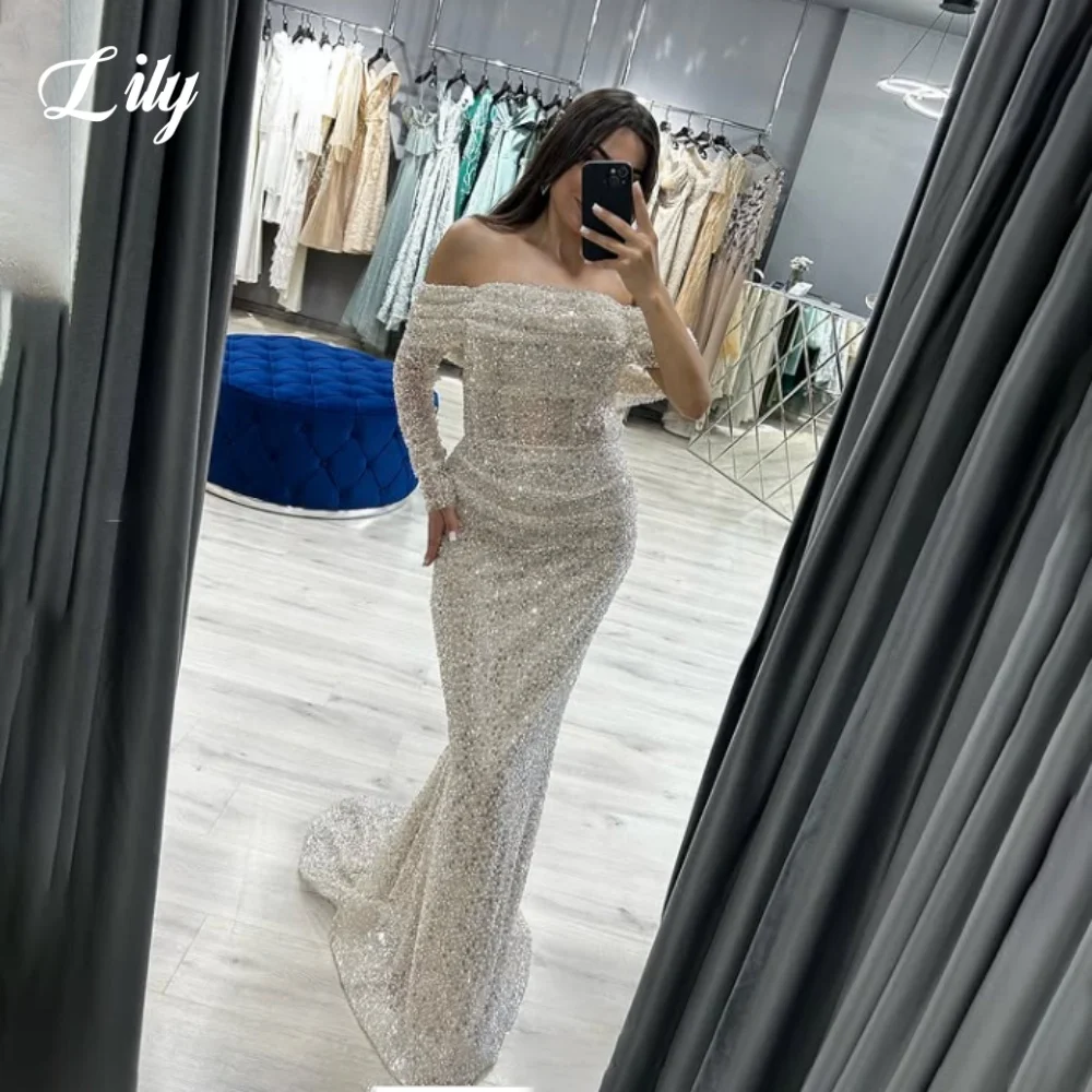 

Элегантное вечернее платье Lily Silver с блестками и открытыми плечами, платья для выпускного вечера, плиссированное вечернее платье русалки для женщин, 프롬 드레스 по индивидуальному заказу