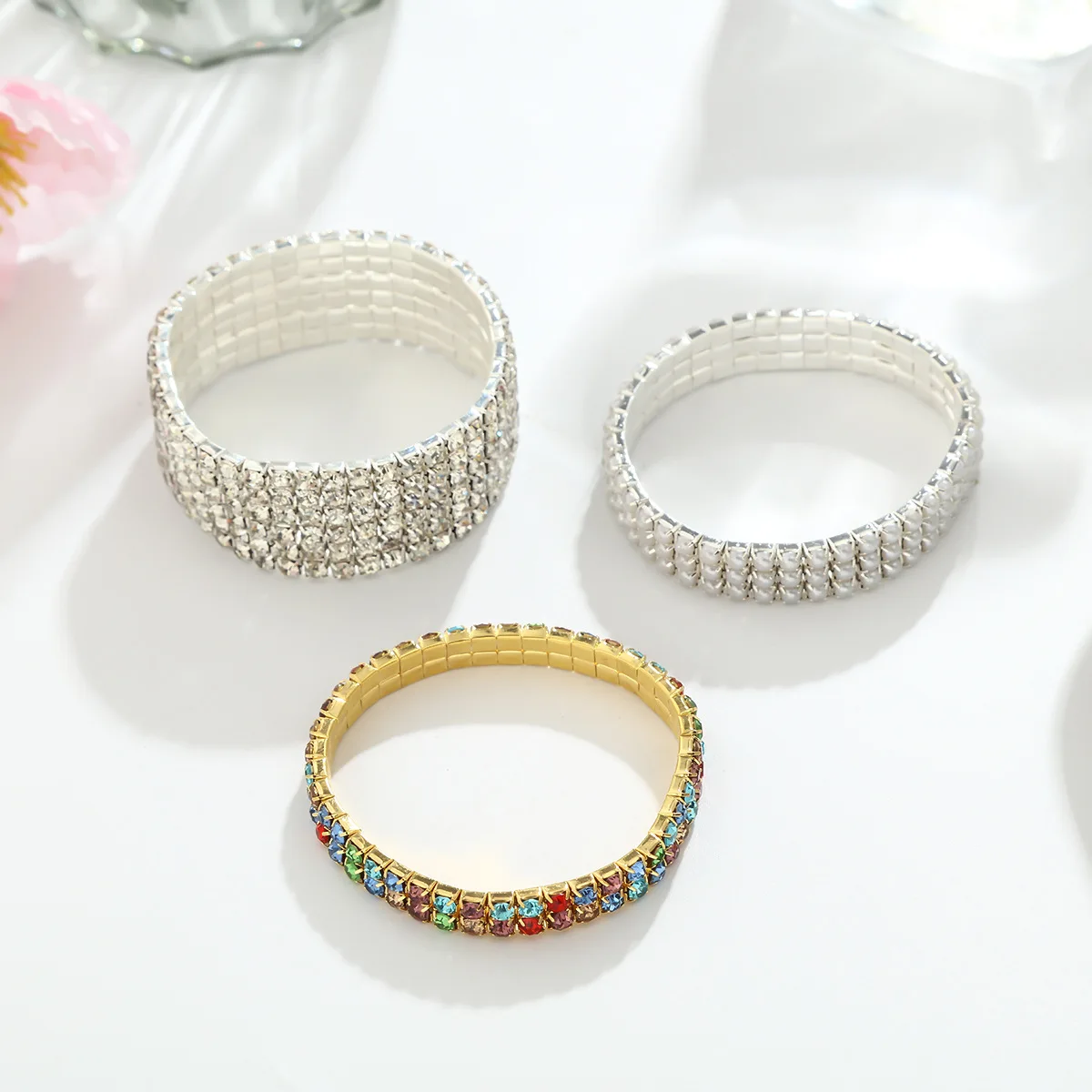 Full Diamond Open Crystal Bracelet Flash Diamond Pearl Color Diamond Wide Edition Bracelet Fashion ins Versatile Light Luxury Je
