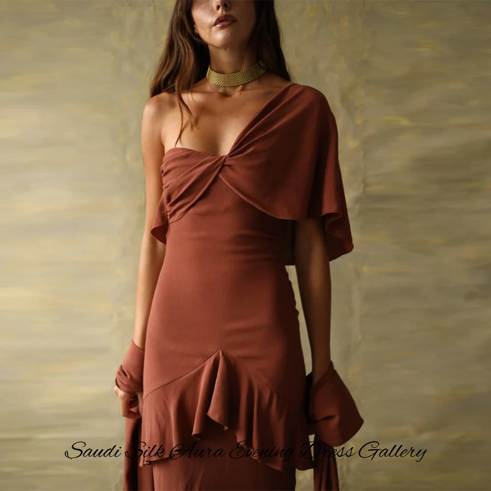 Customized  High Quality Russet Jersey Evening Dress Mermaid One Shoulder Party Dress Ribbons Celebrity Gowns High Qual