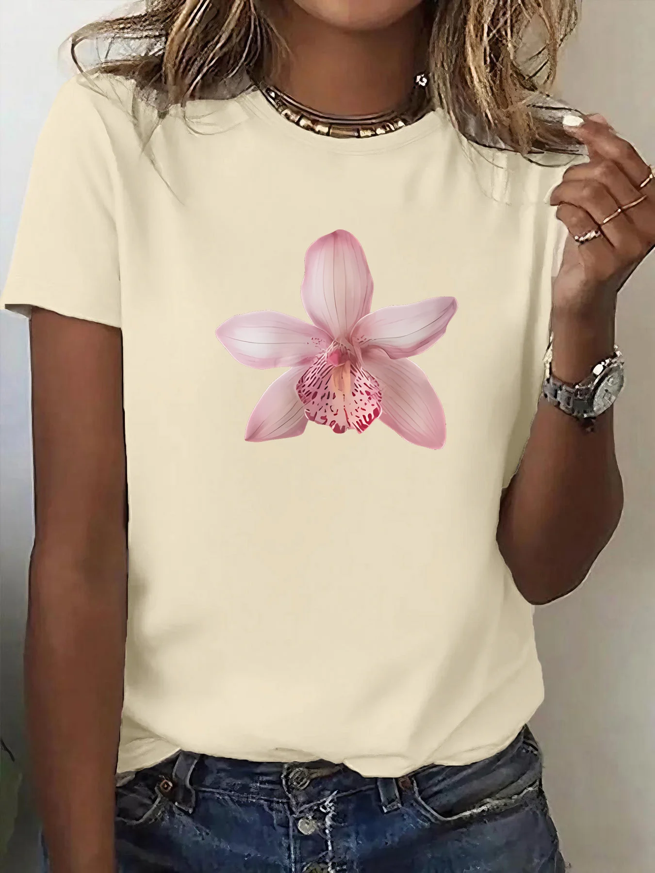 2026 New Collection Women's T-Shirt with Pink Orchid Print Fresh and Gentle Style Sleeve Top Comfortable Aesthetic Clothes