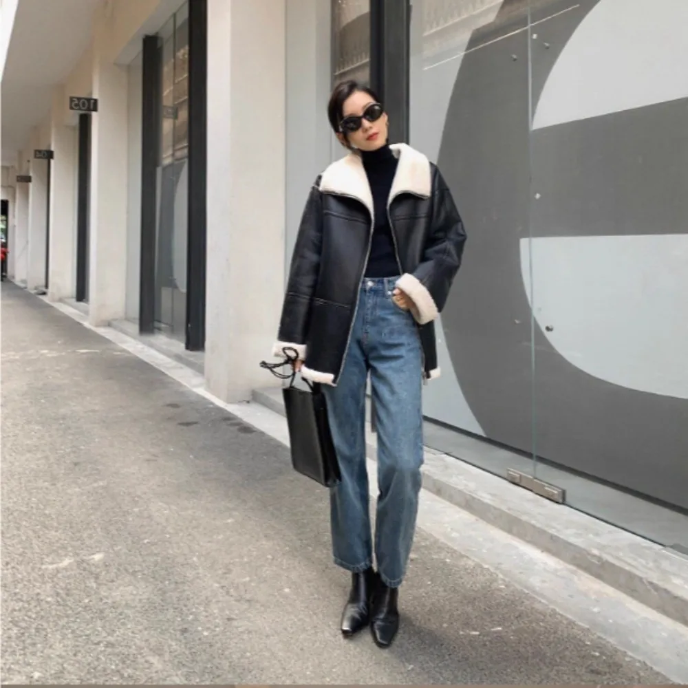 سترة شتوية عصرية فاخرة من الصوف بالكامل وطية صدر كبيرة من صوف الضأن الصناعي معطف دافئ سميك