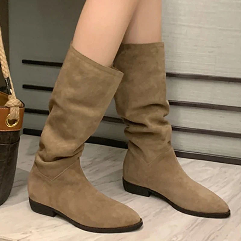 Women's Boots Mid Calf Autumn and Winter New British Retro Pointed Western Cowboy Boots Suede Pile Boot Square Heels Women Shoes