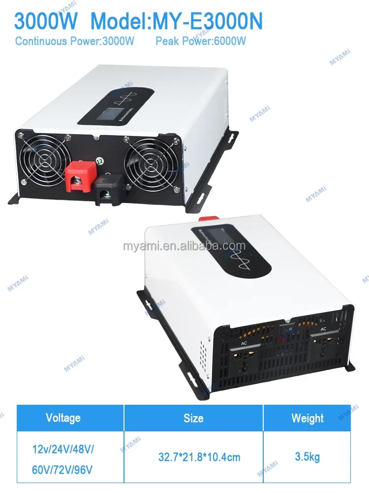 MYAMI 12V-96V Dc to Ac 3KW Pure Sine Wave Power Inverter Off-grid Single Phase Peak Power 6KW 12VDc to 110V 220VAc for Car