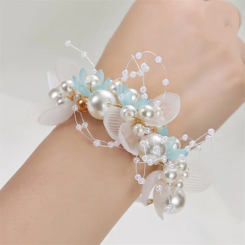 Beautiful Children Wrist Corsage Pearl Beads Hand Flower Bracelet with Ribbon Bride Bridesmaid Wrist Corsage Wedding Accessory