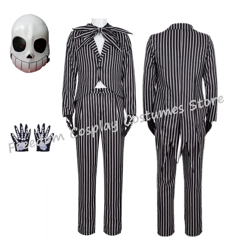 Disfraz de Jack Cosplay Skellington para hombre, chaqueta, pantalones, máscara, traje para hombre, disfraz de fiesta de Navidad y Carnaval de Halloween