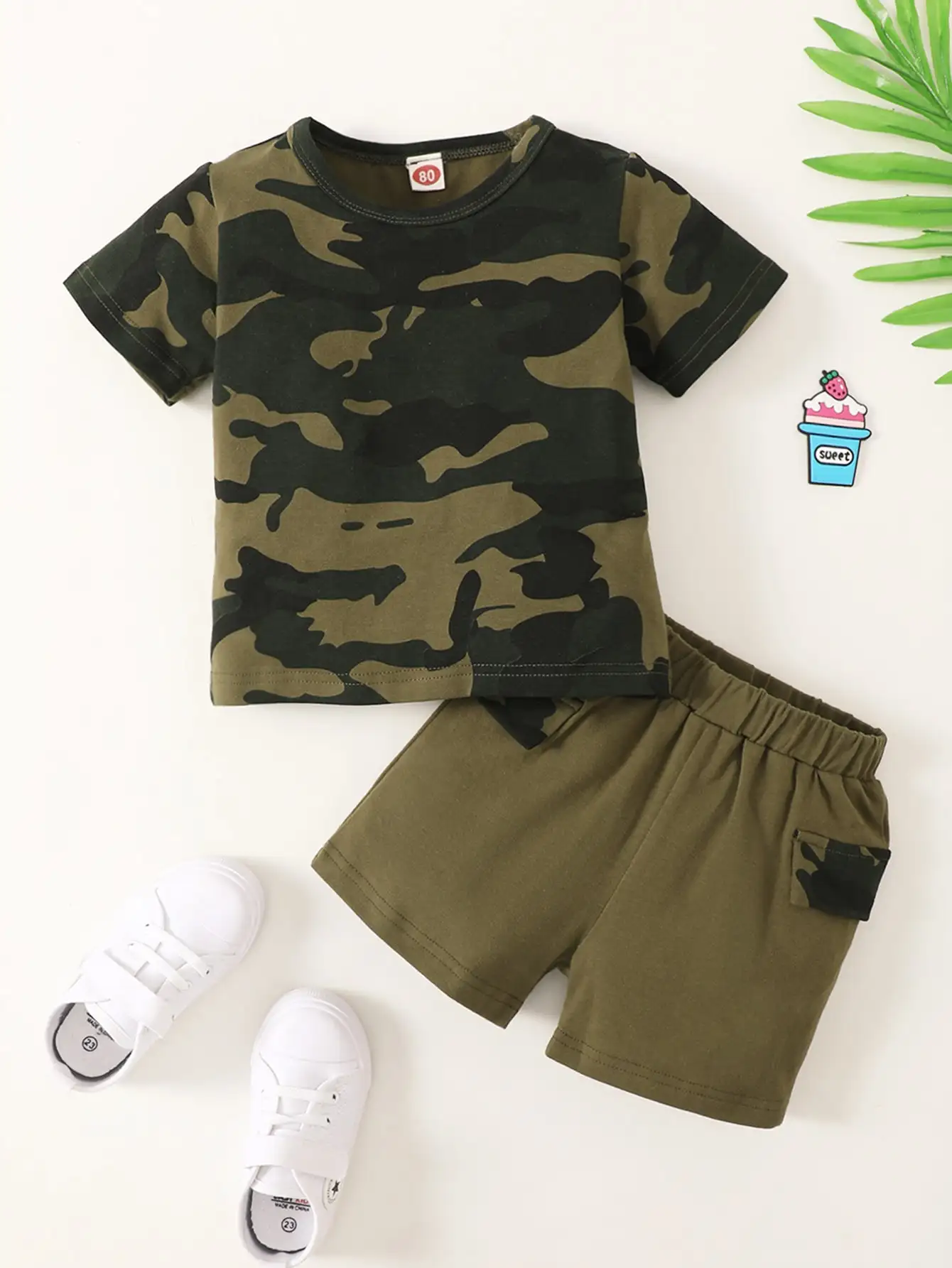 Summer Lively Boy Baby Daily Suit Crewneck Short-Sleeved Camouflage T-Shirt Top Army Green Elastic Waist Shorts Two-Piece Set