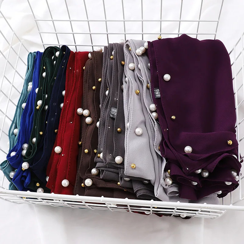 

Fashion Bubble Pearl Chiffon Long Scarf Women Muslim Hijab Turban Beaded Headscarf Shawls Wrap Bandanas Headband Bufanda Foulard