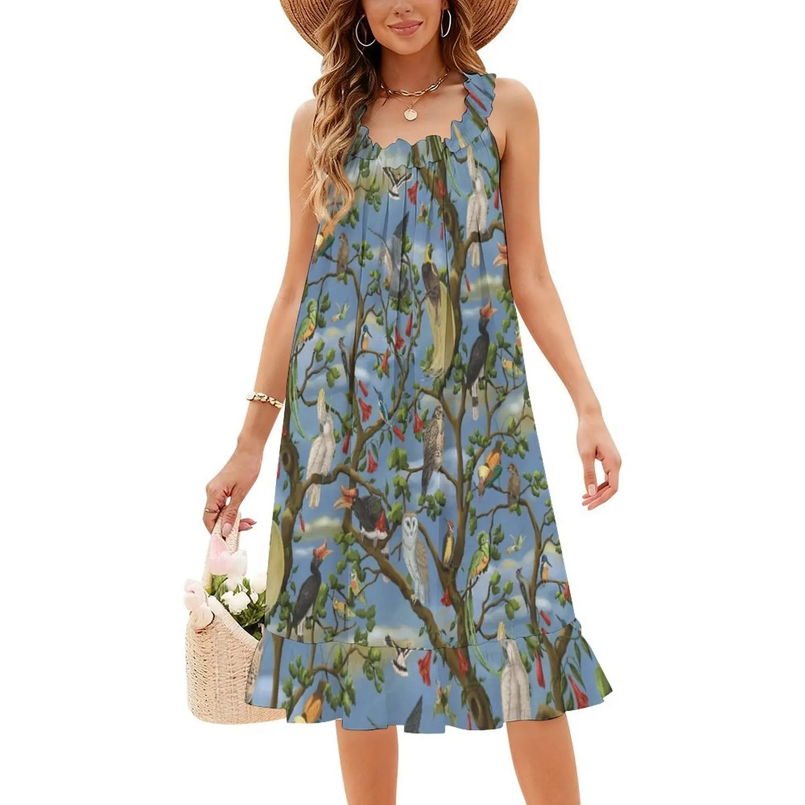 طيور العالم Animalier طباعة مع البوم فستان بفتحة عنق على شكل قلب فستان أنيق للحفلات الصيفية للنساء الطيور الحيوانات