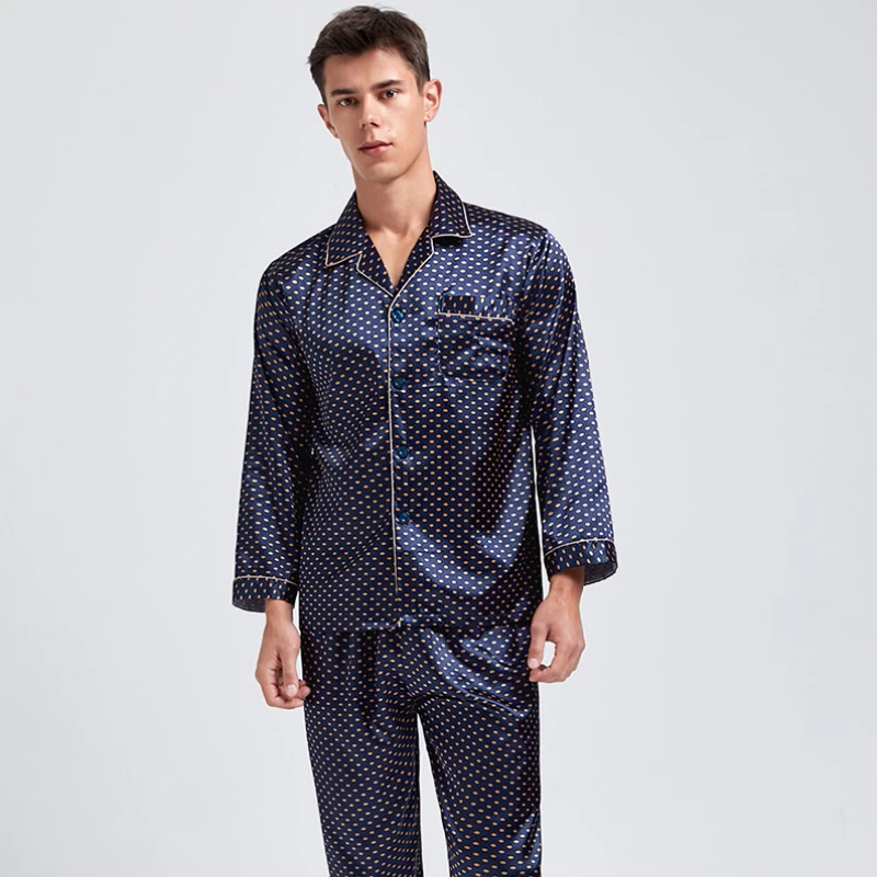 Silk Satin Pajamas for Men Sleepwear Cozy Soft Print Long Sleeve Nightgown Tops+ Trousers Two Pieces Mens Pajama Set