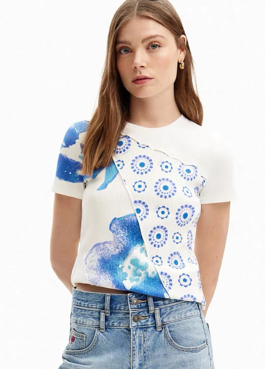 

European and American original Spanish pit stripe print splicing round neck women's T-shirt short sleeved summer top