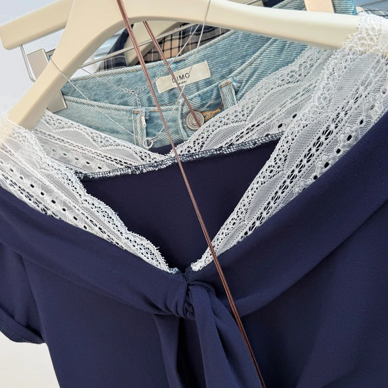 夏の女性の偽二枚 Tシャツ V ネック半袖レーススプライシングトップ韓国カジュアルファッションシックな女性の Tシャツ