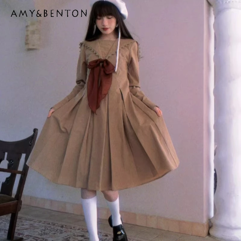 

Original Design Brown Sailor Collar Women's Clothing 2026 Spring Autumn Sweet Cute Bow Pleated Long-sleeved Lace Dresses Ladies