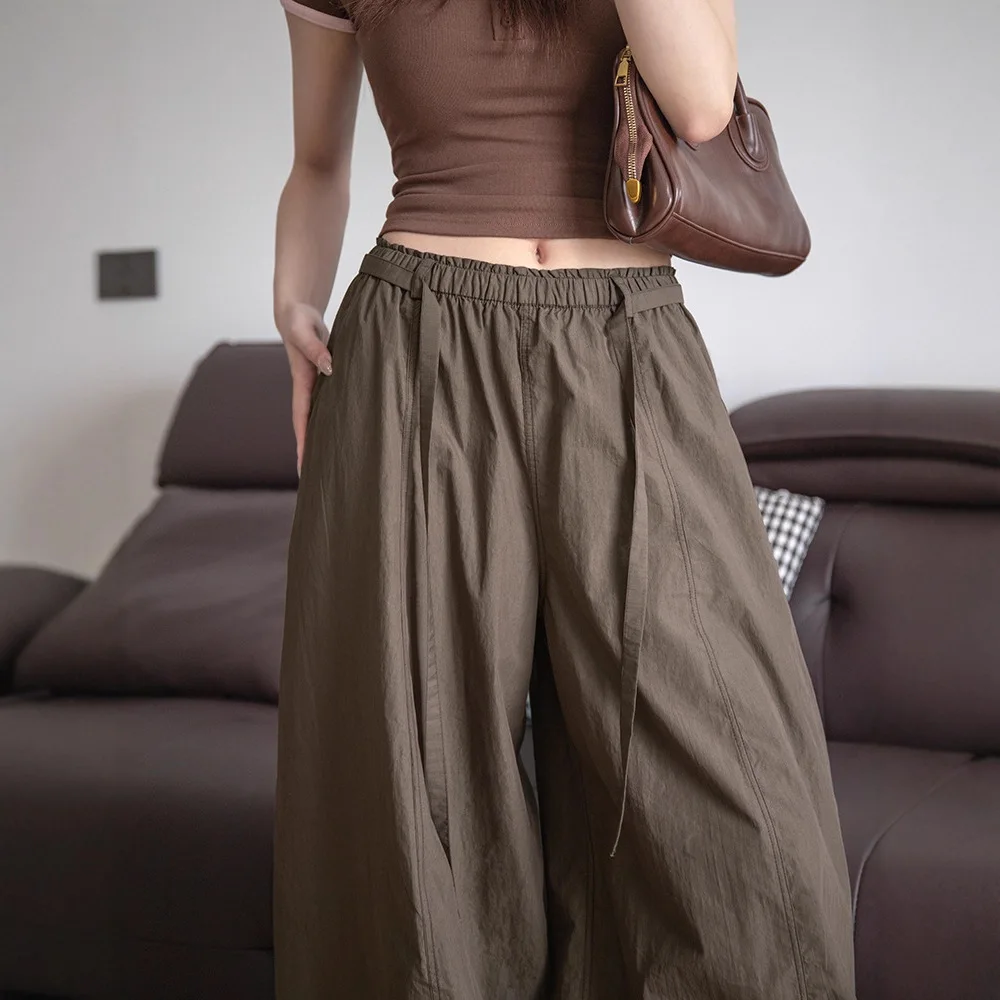 Women Solid Wide Leg Pants Straight Trousers Full Lenth Drawstring Waist Slight Strech Loose Fit Office Lady Casual 2026 Spring
