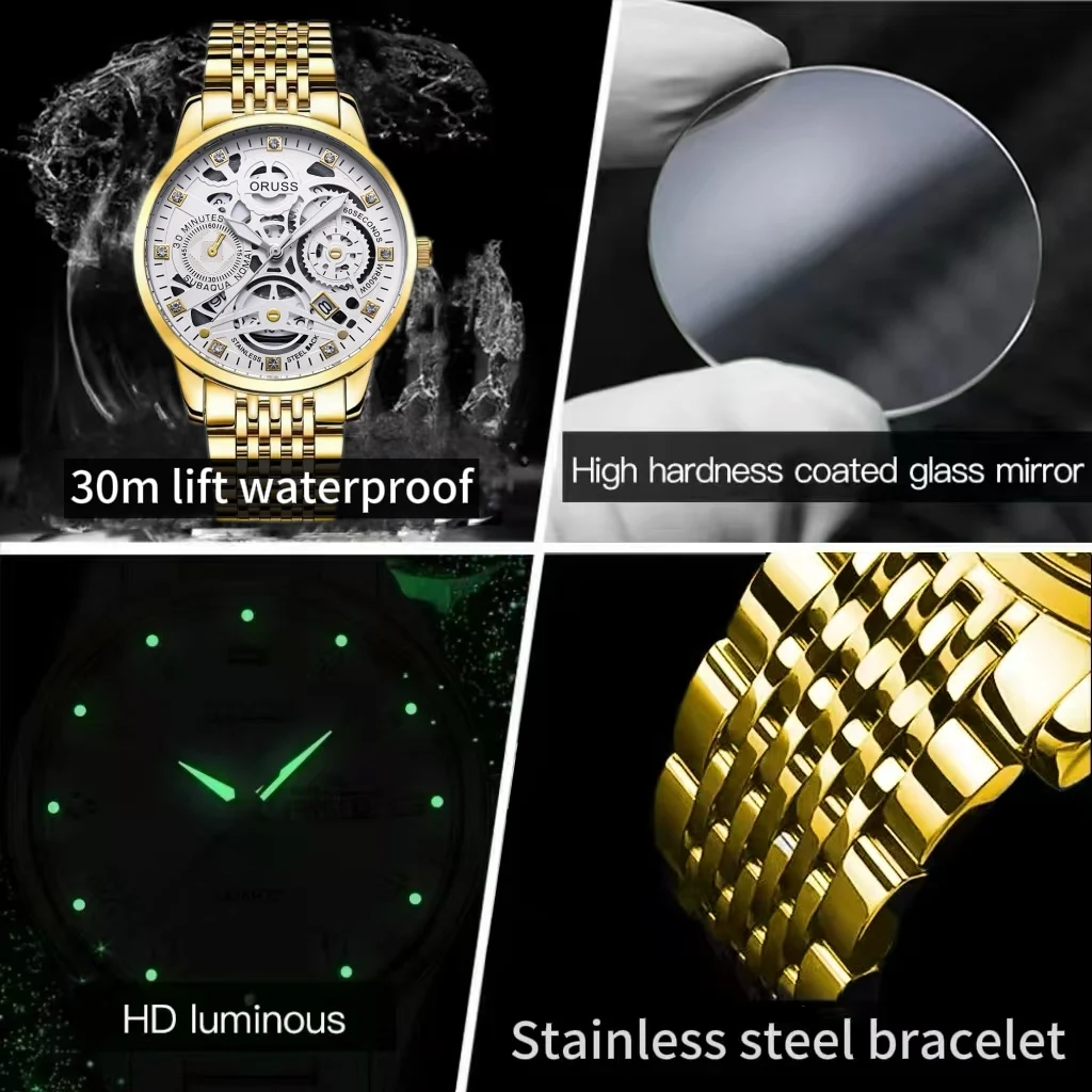 ORUSS оригинальные элитные роскошные мужские часы светящиеся часы для мужчин часы модные наручные часы из нержавеющей стали водонепроницаемые кварцевые