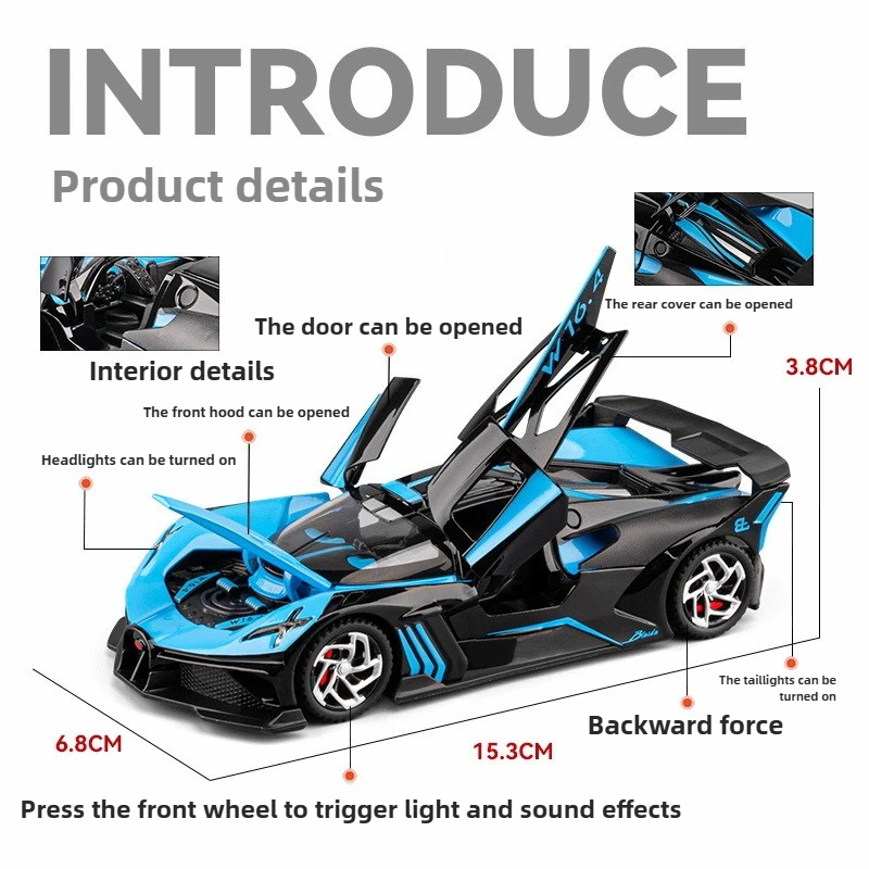 1:32 Bolide W16 Supercar محاكاة عالية دييكاست سبيكة معدنية نموذج سيارة ضوء الصوت التراجع جمع الاطفال لعبة الهدايا