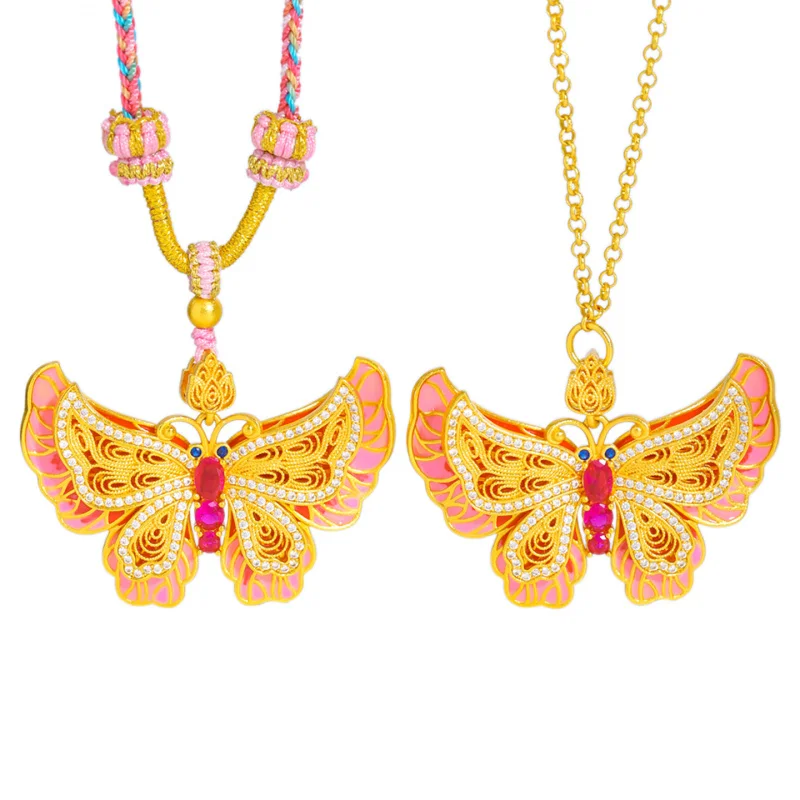 

24K Gold Enamel & Diamond Filigree Butterfly Pendant Necklace, Vintage Choker for Hanfu & Sweaters
