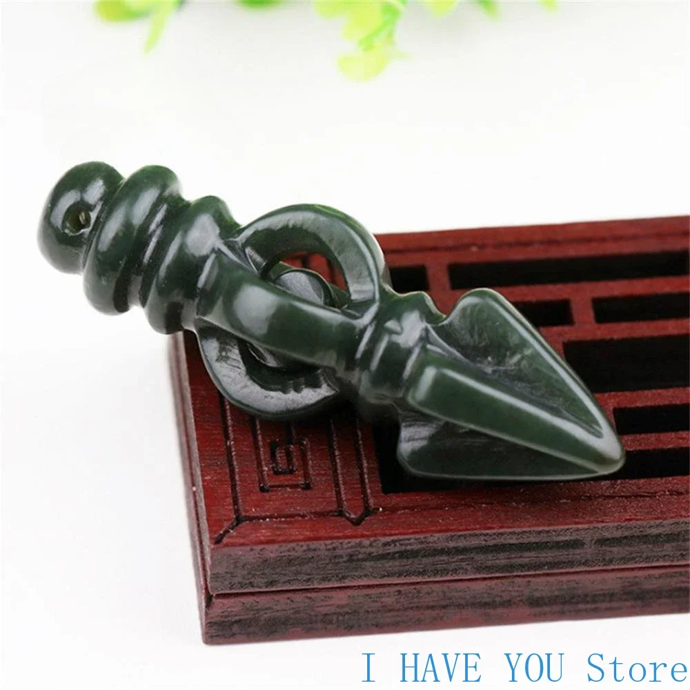 Natural Hetian Green Jade Vajra Pestle Pendant Engraver Charms Fashion Jewelry Women Men Necklace Amulet Mascots Holiday Gifts