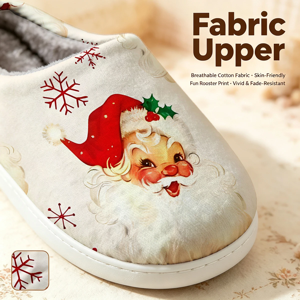 Vintage Santa Claus Christmas White Slippers Warm Plush Indoor Shoes Non-Slip Winter Slippers Family Holiday Gifts Soft view 2