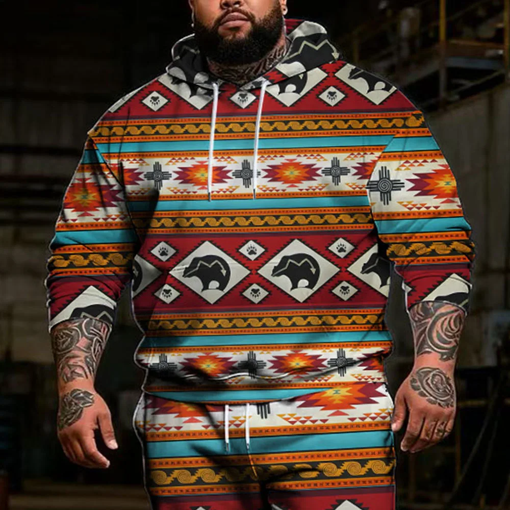 S-9XL プラスサイズ メンズ ツーピース パーカーセット：牛柄、テクスチャープレイド - ソフトな生地、暖かい、繊細な質感、背が高く体格の良い男性に快適