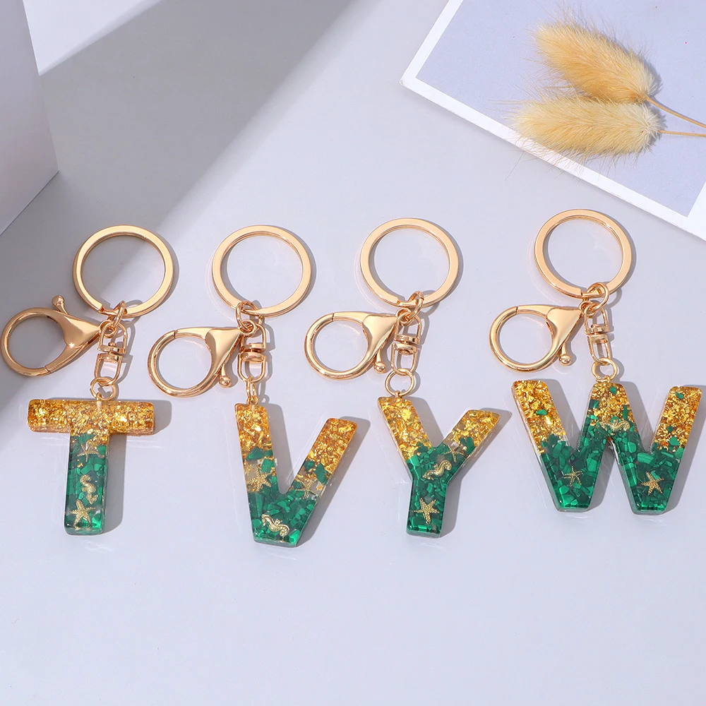 A to Z Turquoise Letter Keychain Fashion Gold Foil Filled Resin Keyring Beach Backpack Pendant Car Trinket for Women Travel Gift