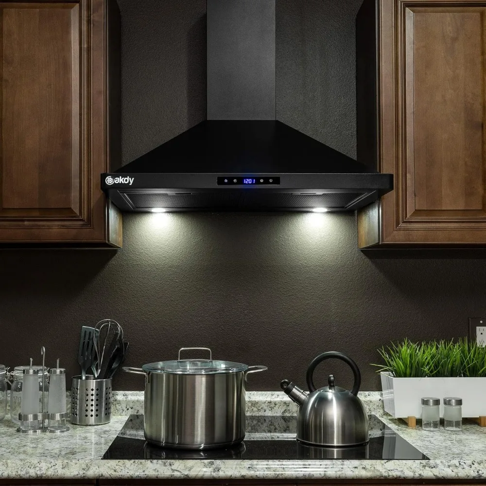 30 Inch Range Hood, Convertible Kitchen Wall Mount Range Hood in Black Painted Stainless Steel with Lights and Carbon Filters