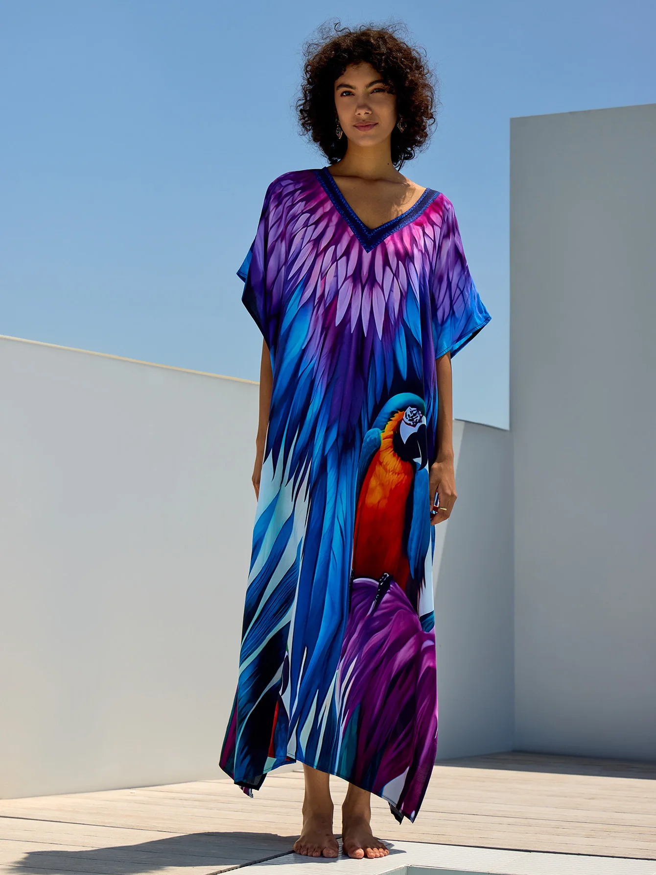 Robe de plage maxi imprimée perroquet pour femmes, kaftans, cover-up pour les maillots de bain, vêtements de vacances d'été, approvisionnement d'usine