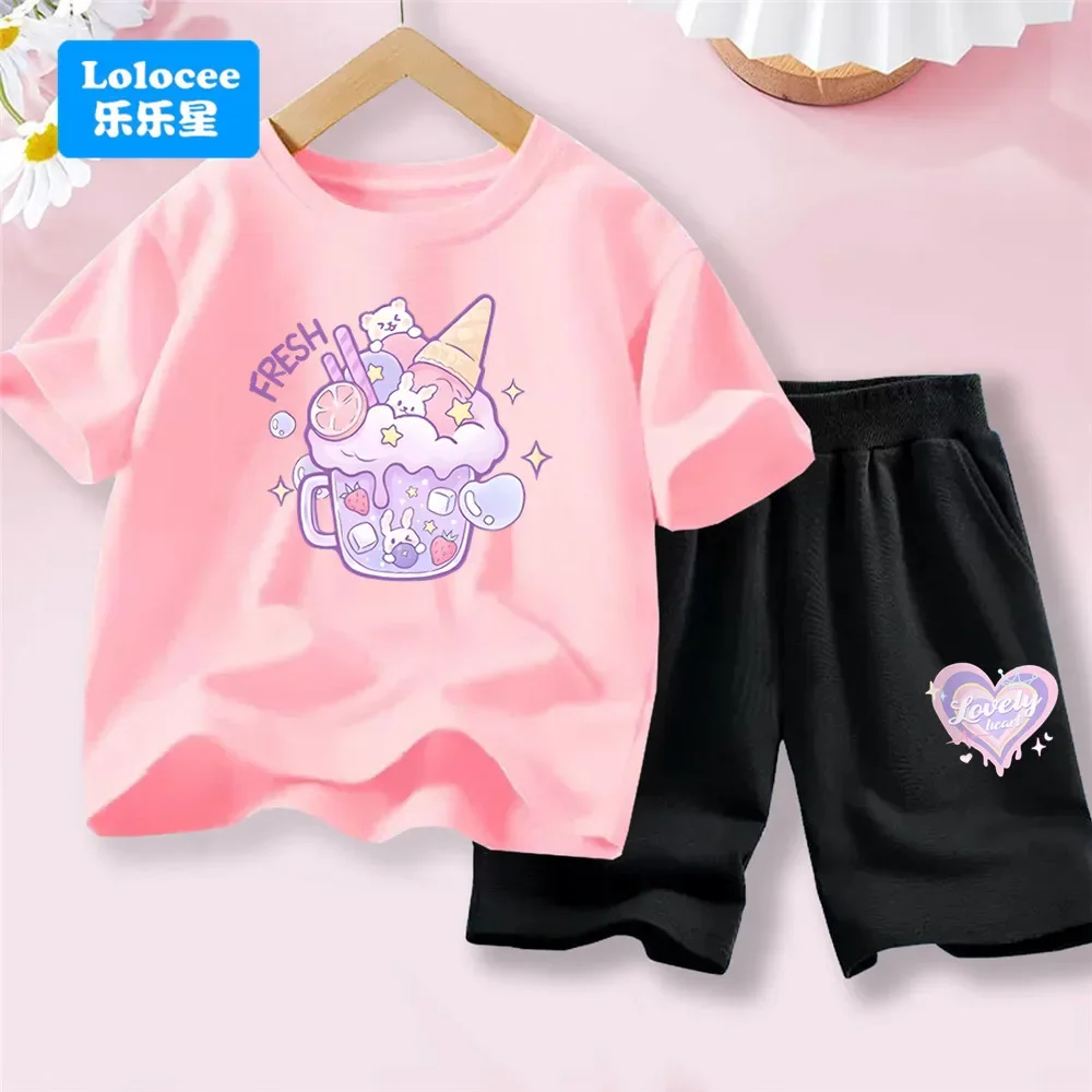 2025 New Cute Cartoon Drink Print Outfit: Lolocee Short - Sleeve Top + Shorts 2 Piece Set, Summer Children's Wear